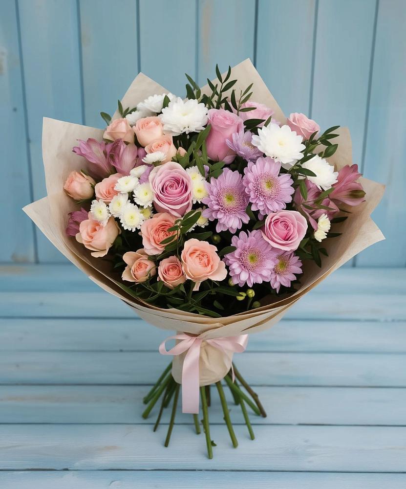Букет цветов из: Хризантемы, Розы и Альстромерии в Княгинино