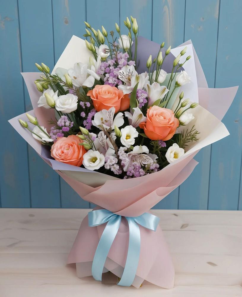 Букет цветов из: Лизиантусы, Розы, Альстромерии и Гипсофила в Княгинино