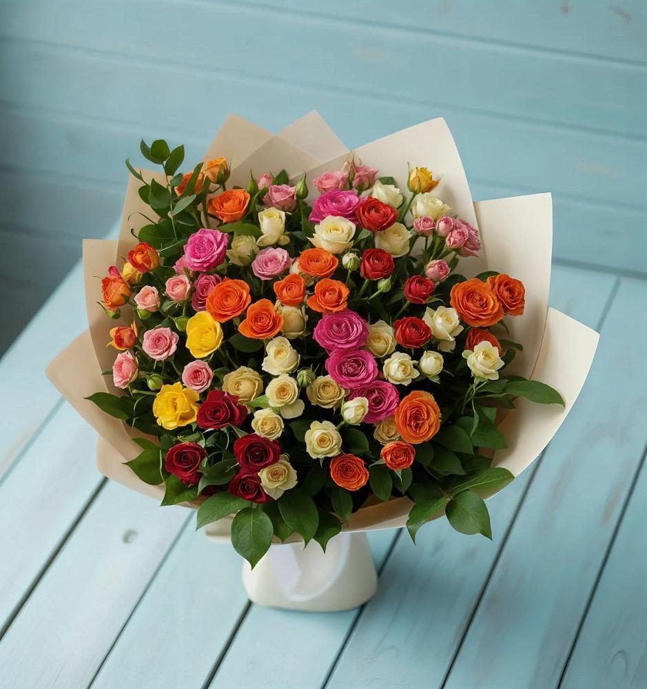 Букет Микс из разноцветных кустовых роз в Княгинино